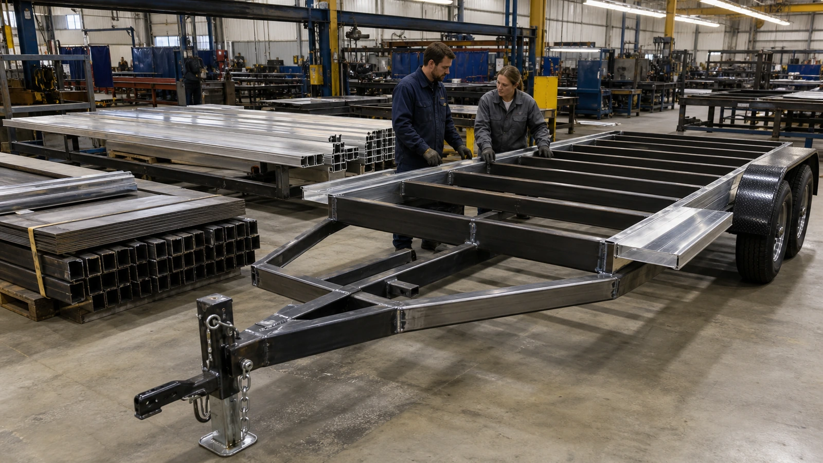 Trailer manufacturer evaluating steel and aluminum materials during production in 2026