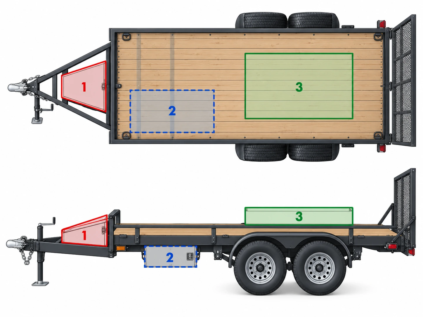 Trailer location diagram comparing tongue, underbody and approved deck storage zones