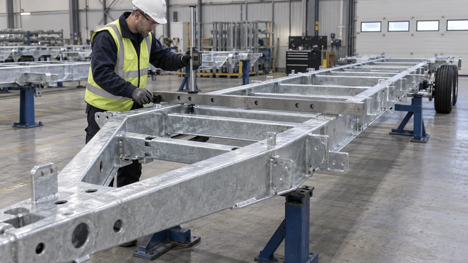 Hot-dip galvanized trailer frame with hollow members and mounting details in a factory inspection area