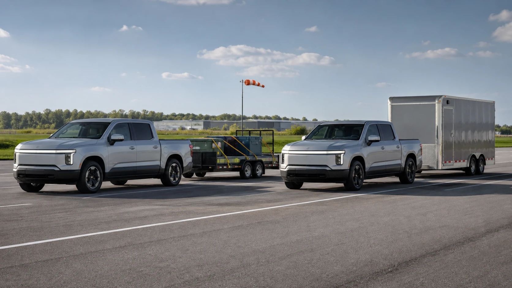Side-by-side EV pickups towing a low utility trailer and a tall enclosed trailer
