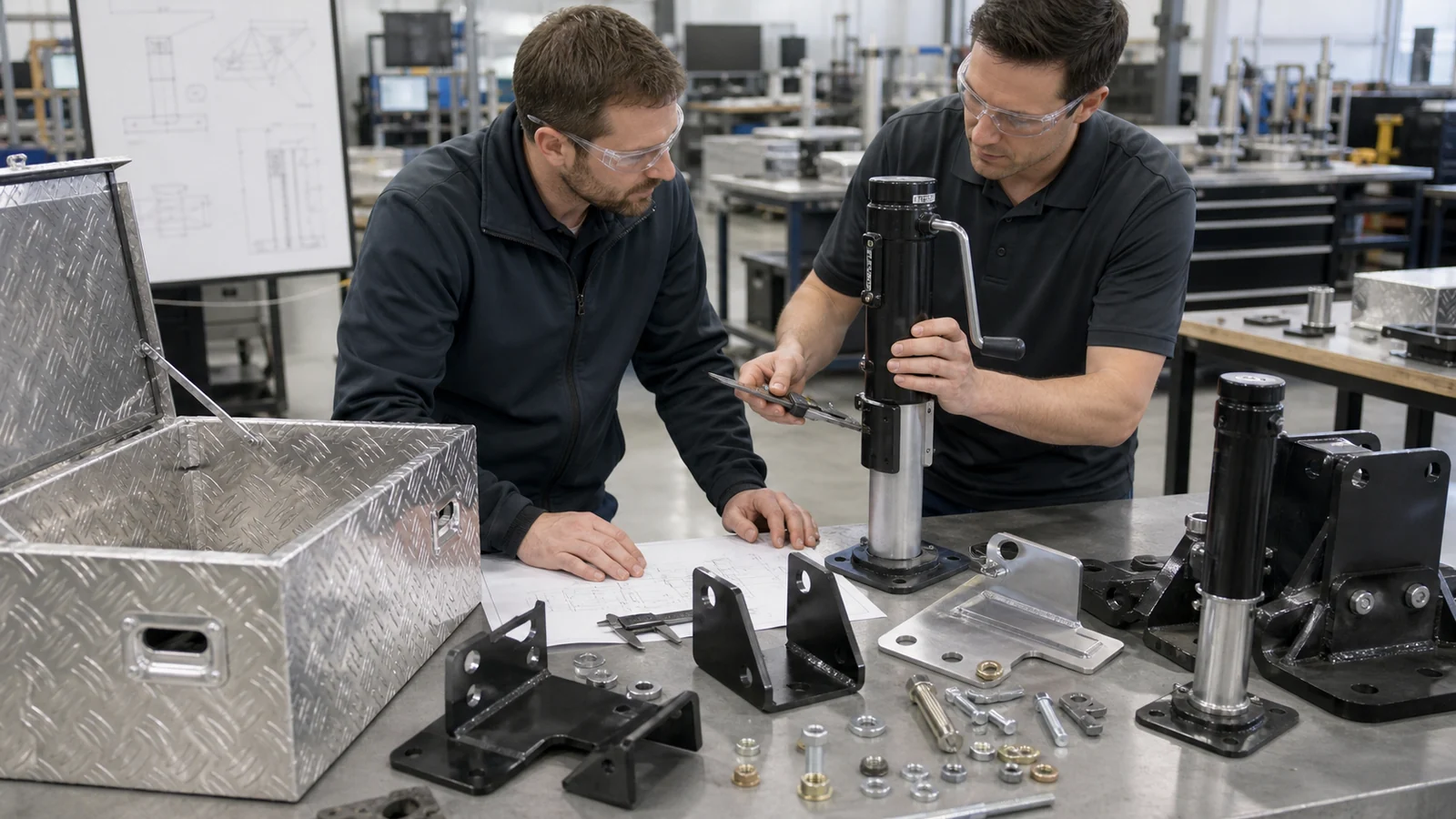 Engineers evaluating lightweight trailer jack toolbox brackets and mounting hardware
