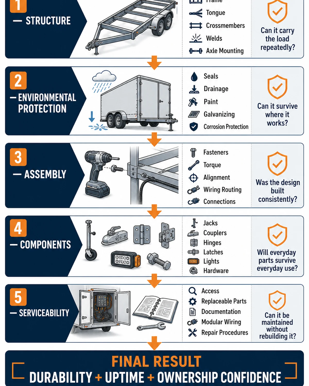 Infographic explaining the five layers of trailer build quality from structure to serviceability