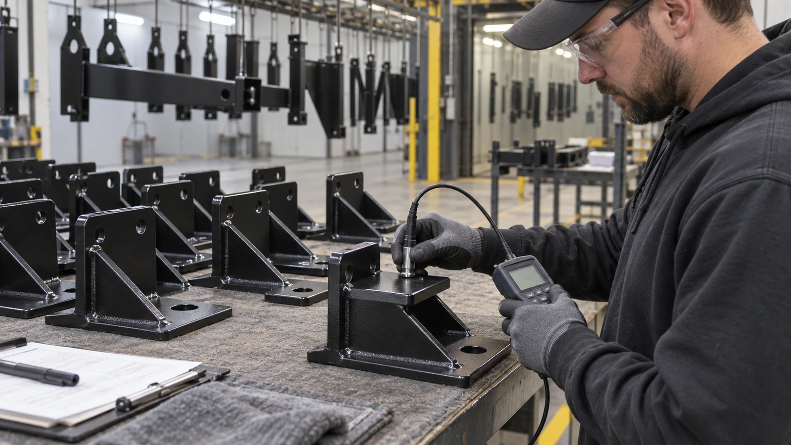 Técnico medindo espessura de pintura a pó em suporte soldado de reboque