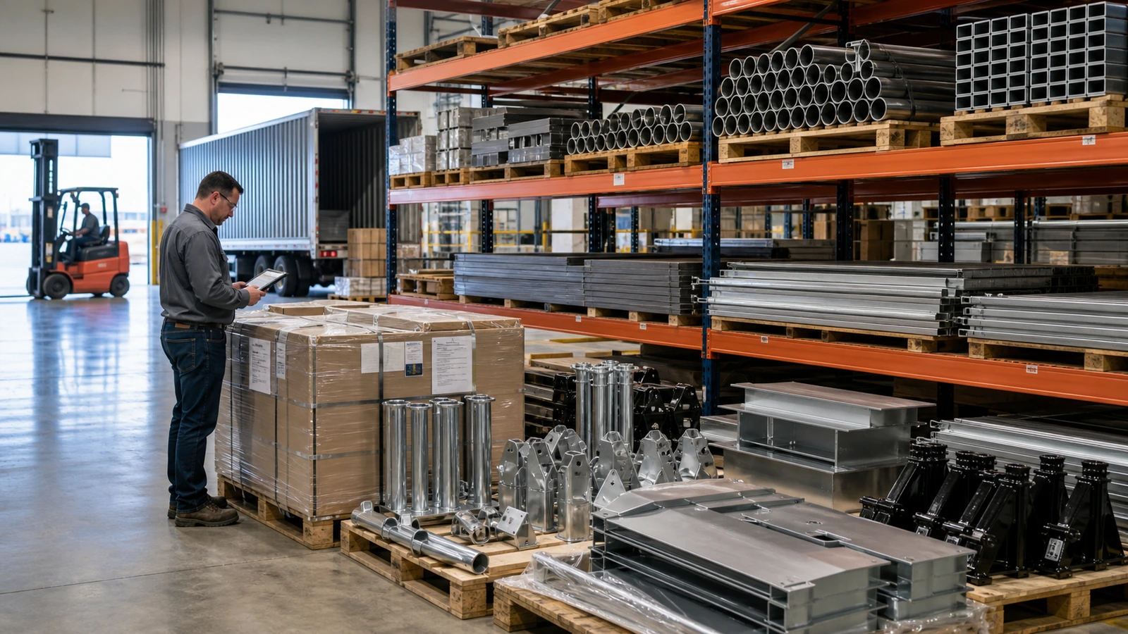 Steel aluminum and fabricated trailer components managed in an industrial supply warehouse