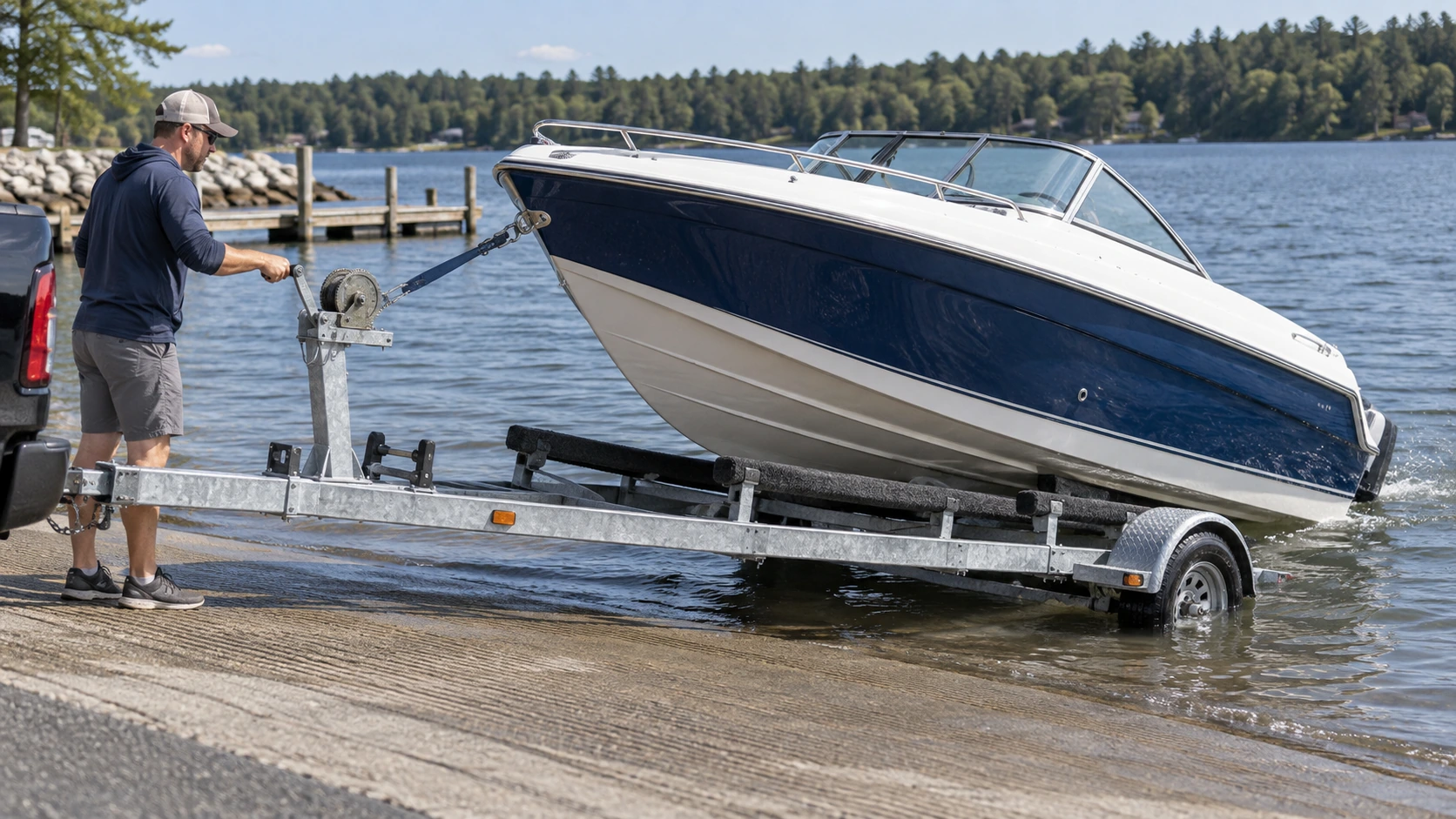 Manual boat trailer winch pulling a boat onto a trailer at a launch ramp.