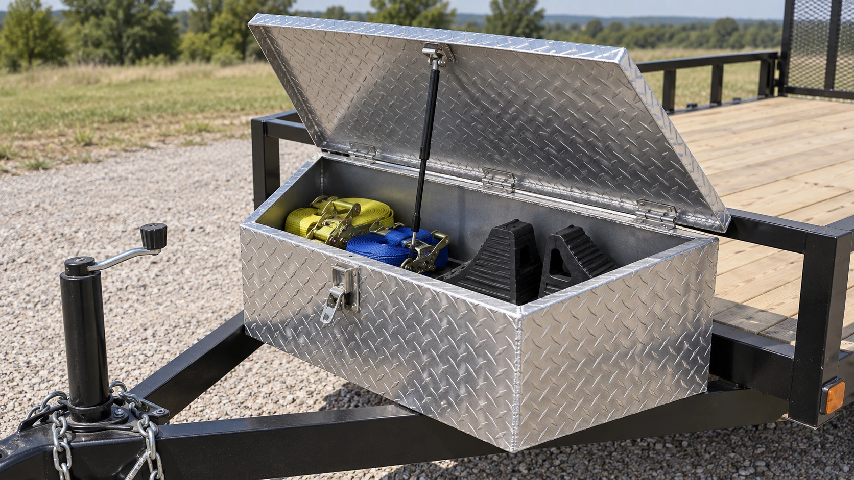 Open trailer tongue toolbox showing gas-strut support and lid clearance
