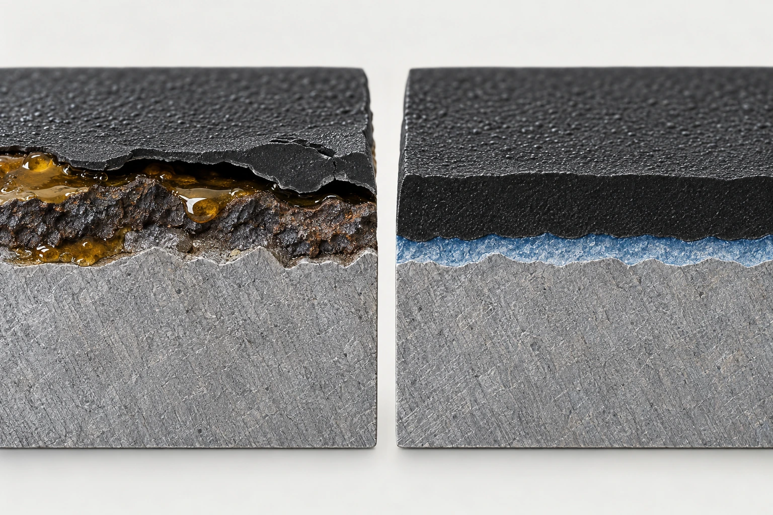 Comparación de pintura en polvo sobre acero contaminado y correctamente pretratado