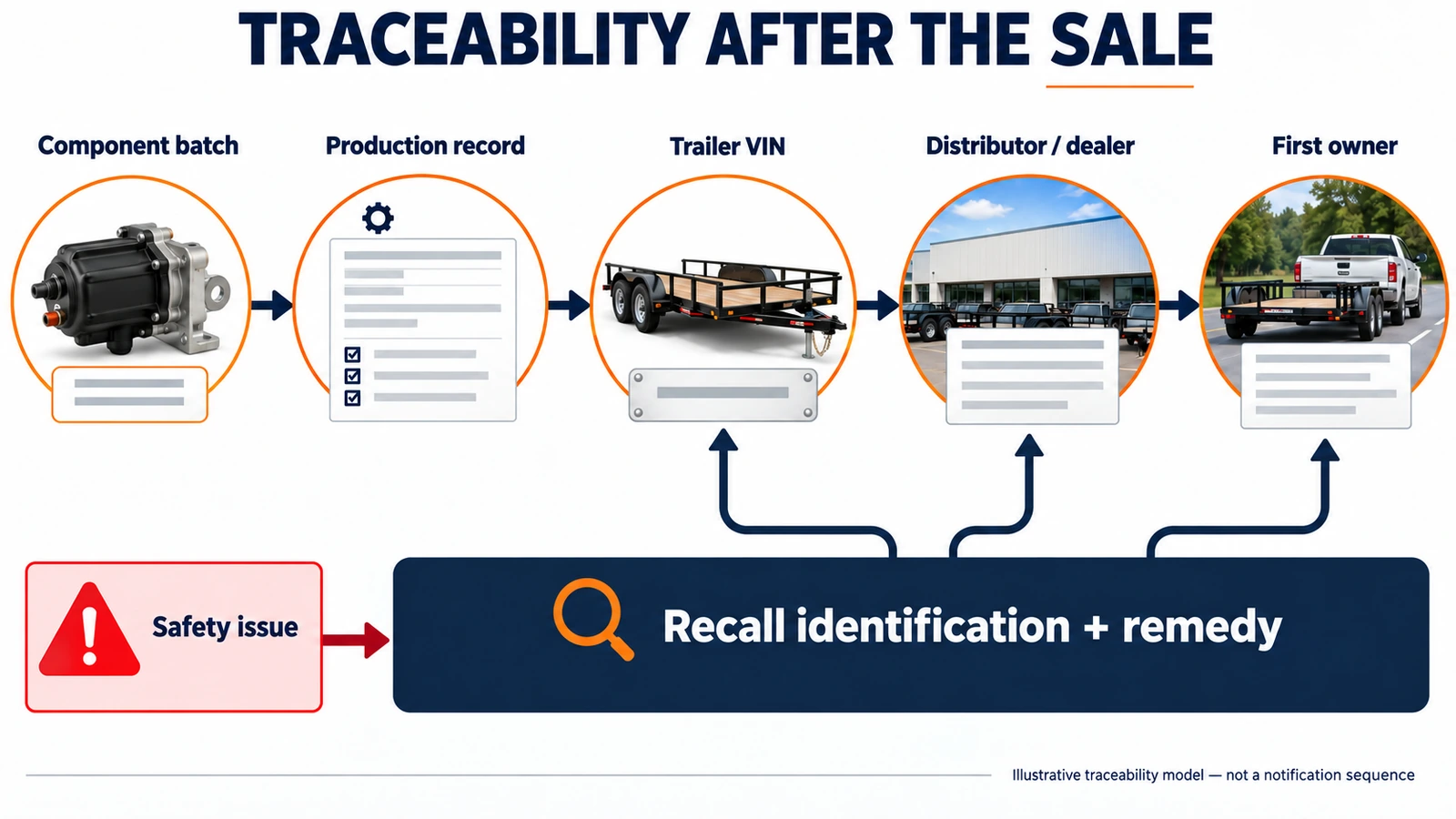 Trailer component traceability from production batch to safety recall