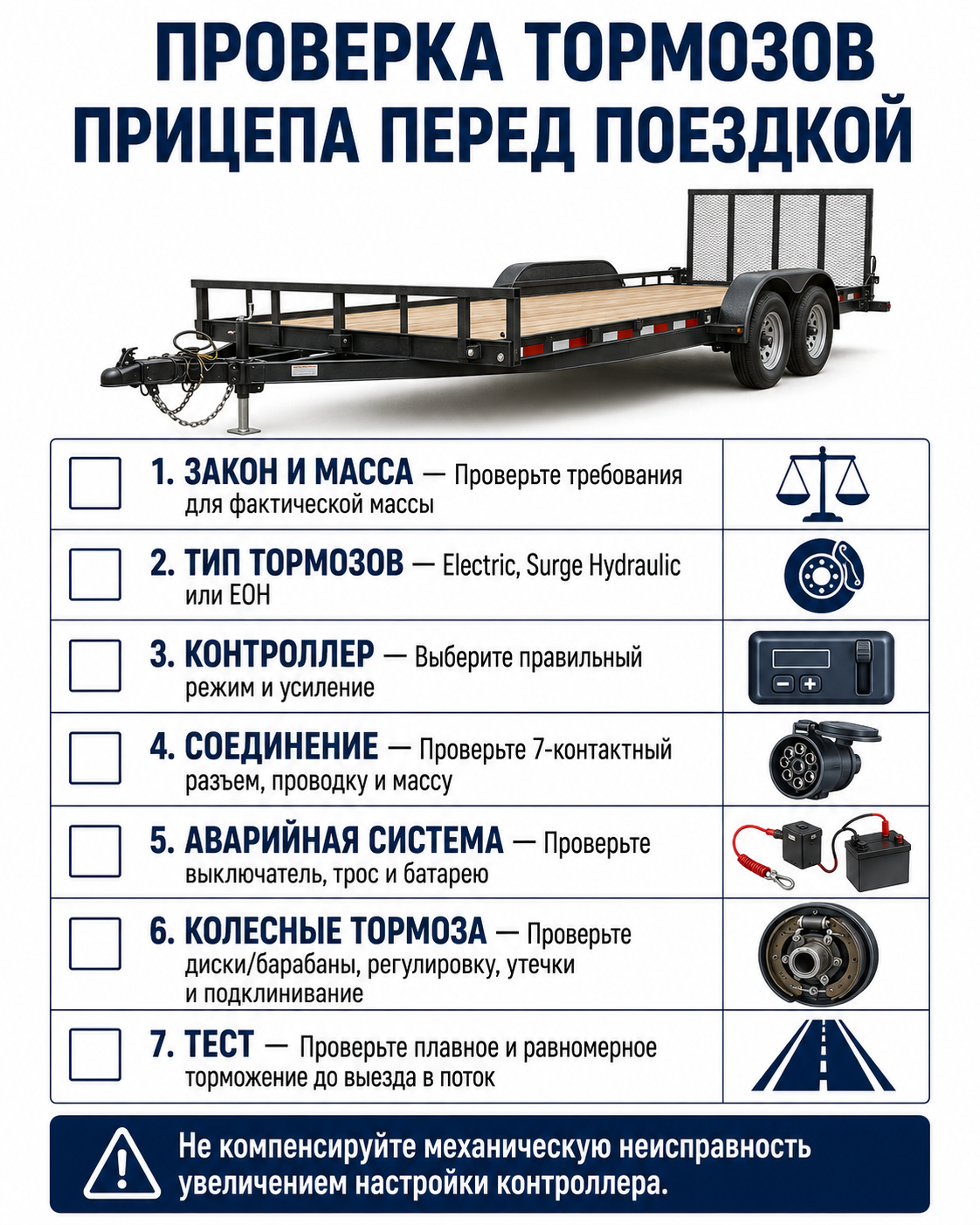Проверка контроллера, аварийной системы, проводки, тормозов и гидравлики перед буксировкой