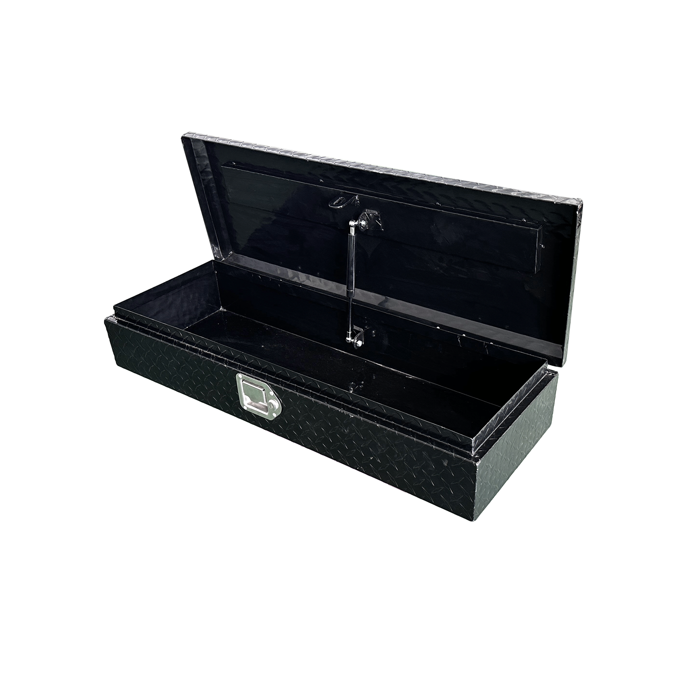 GDA013 low profile aluminum tool box open with one central gas strut supporting the lid
