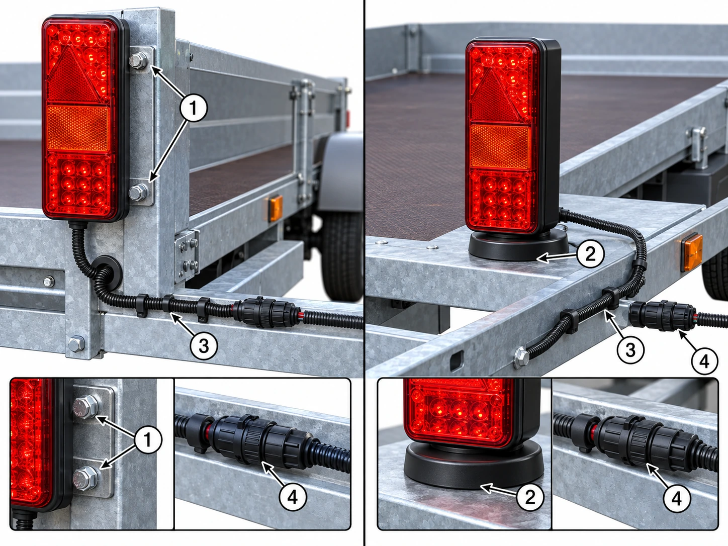 Technical diagram comparing fixed and magnetic trailer lighting installations