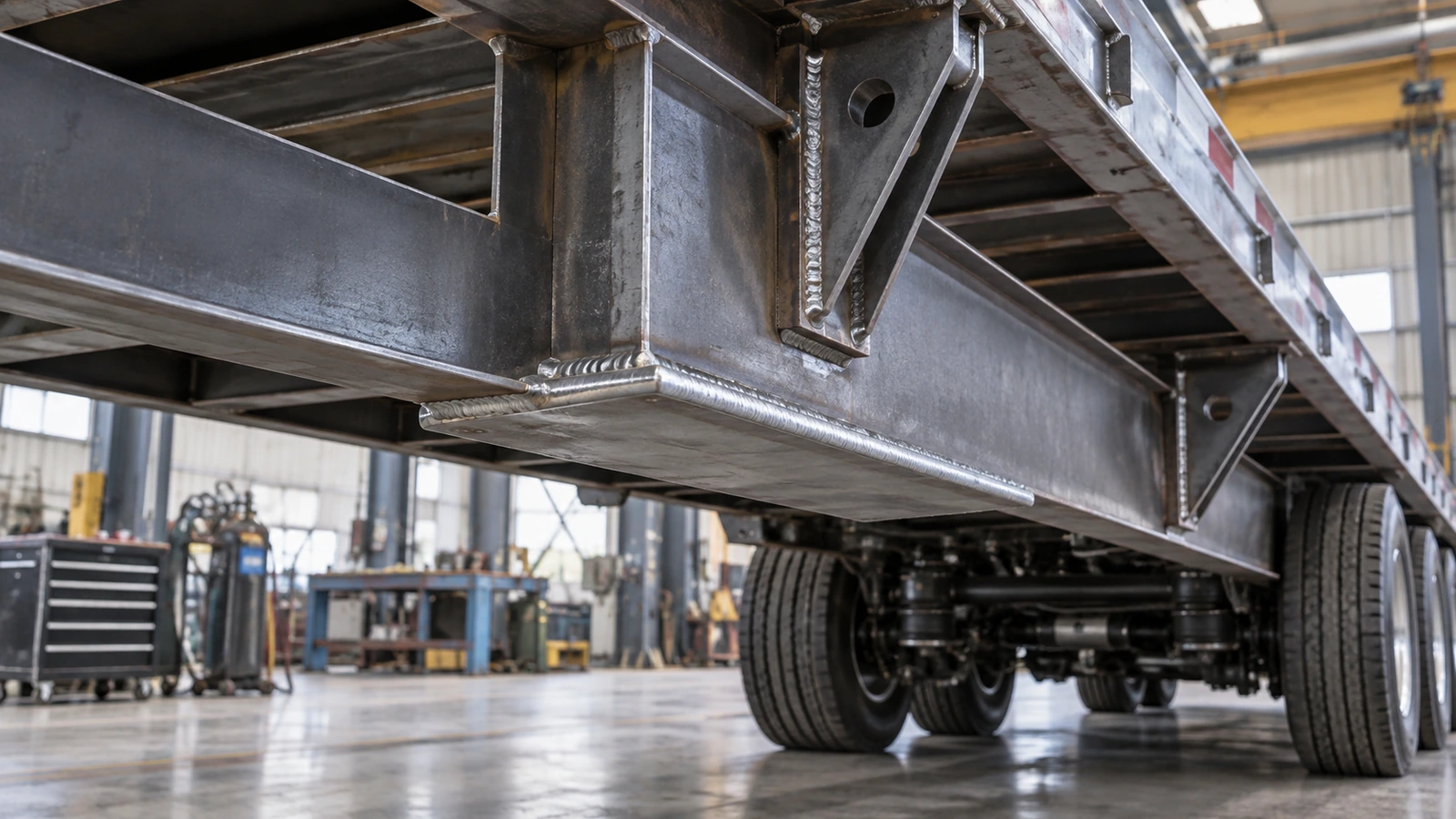 Welded reinforcement and chassis structure on a heavy-duty flatbed trailer