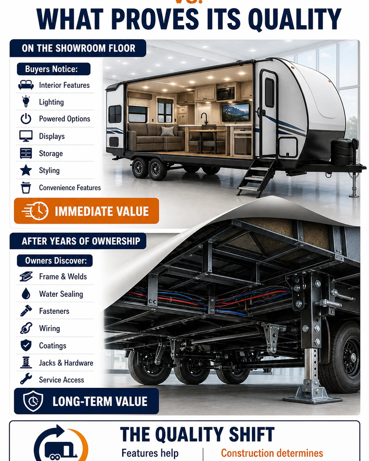 Infographic comparing visible trailer features with hidden build quality discovered during ownership
