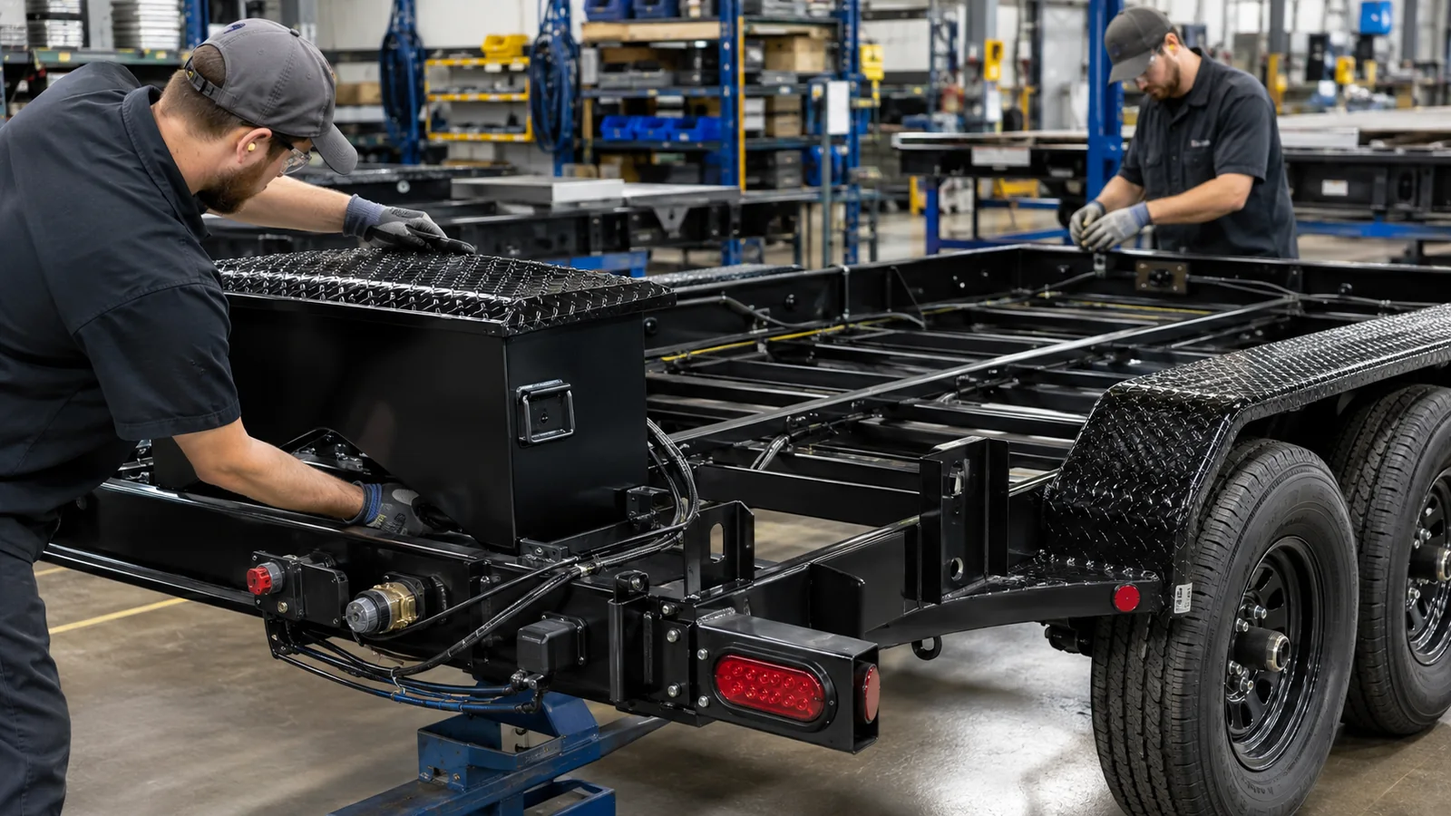 Fábrica instalando cableado modular caja de herramientas y accesorios en un remolque de equipos