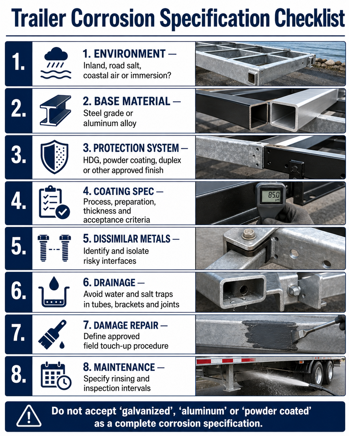 OEM trailer corrosion specification checklist for material coating joints drainage and salt exposure