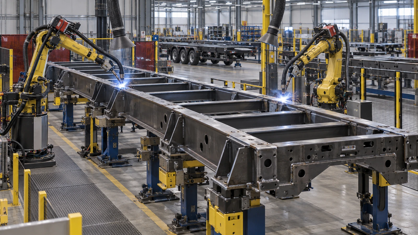 Célula industrial de soldagem robotizada fabricando um chassi pesado de reboque com dispositivos modulares.