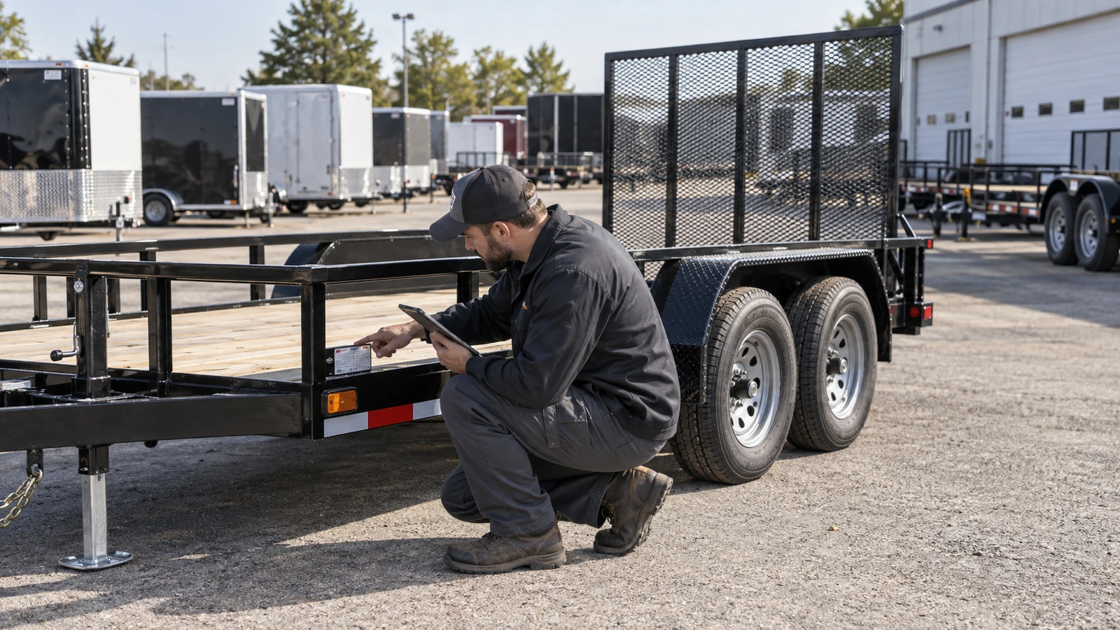 Trailer dealer reviewing safety documentation before customer delivery