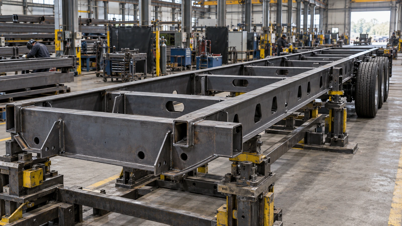 High-strength steel main beams during lightweight trailer chassis manufacturing