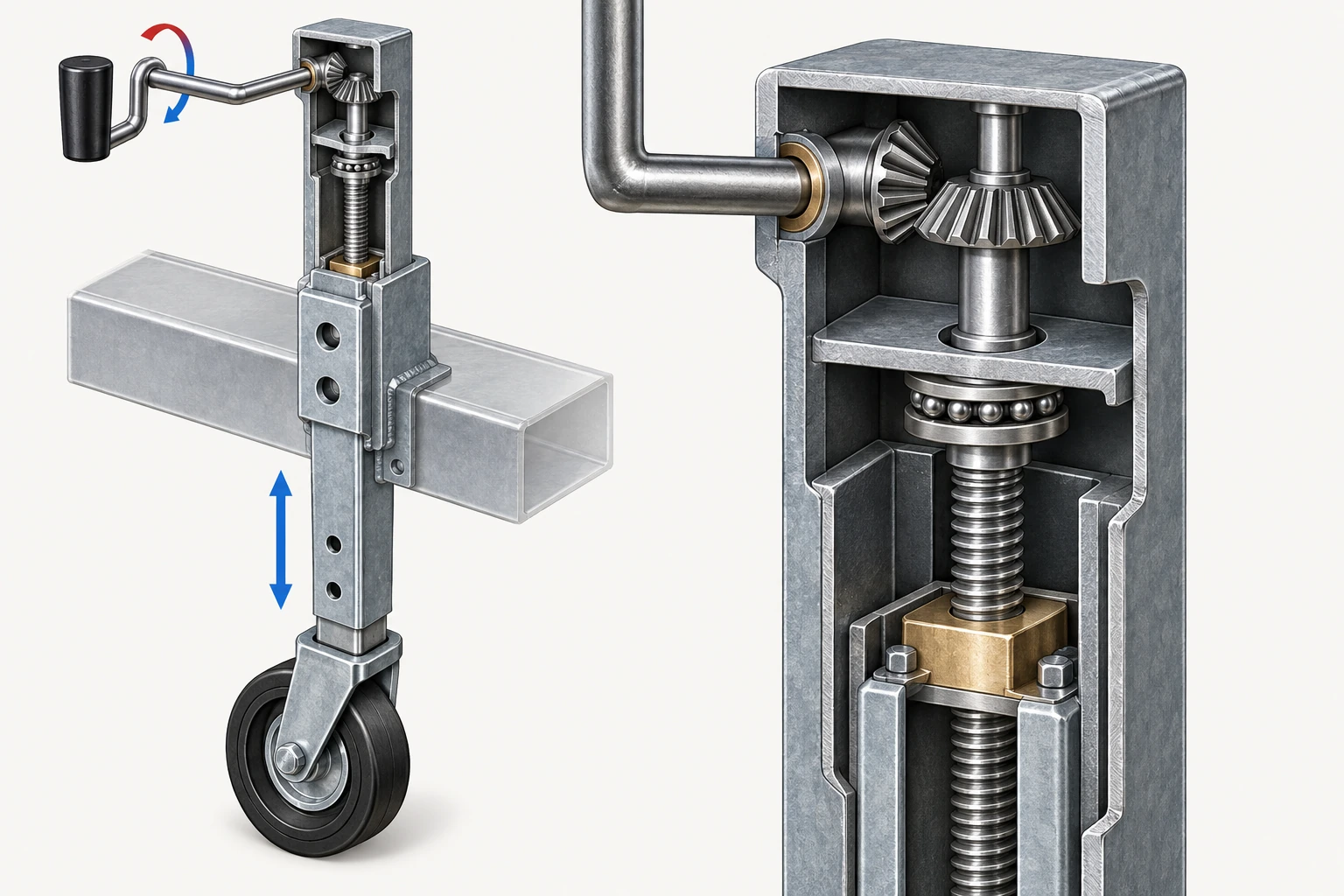 Internal mechanism of a side-wind trailer jack showing the lead screw, drive nut, gears and thrust bearing.