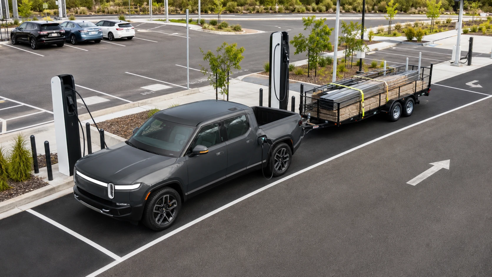 Electric pickup and connected utility trailer in a pull-through fast-charging bay