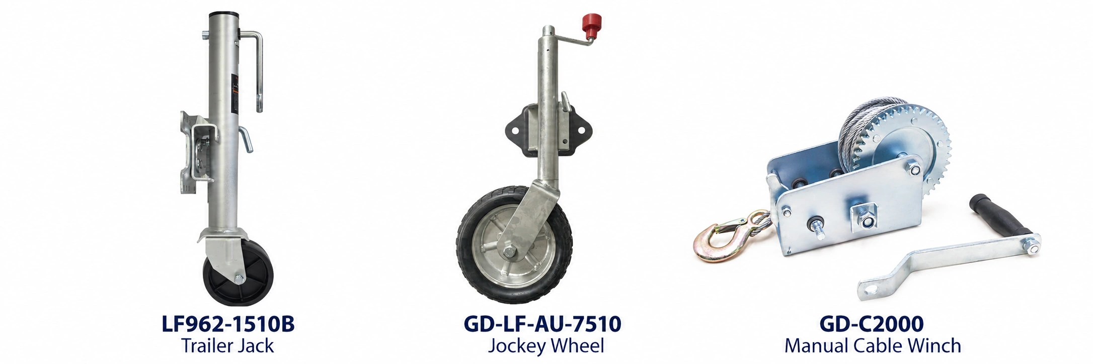 Сравнение по фотографиям домкрата GOODIN LF962-1510B, опорного колеса GD-LF-AU-7510 и ручной тросовой лебёдки GD-C2000.
