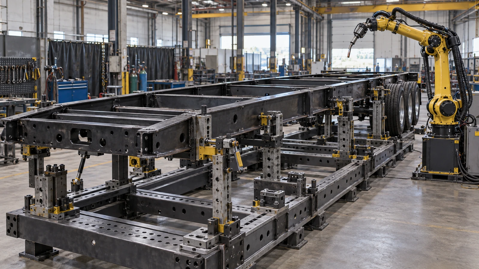 Adjustable robotic welding fixture accommodating different heavy-duty trailer chassis configurations.