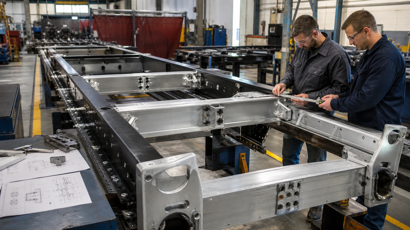 Engineers reviewing mixed steel and aluminum trailer chassis components