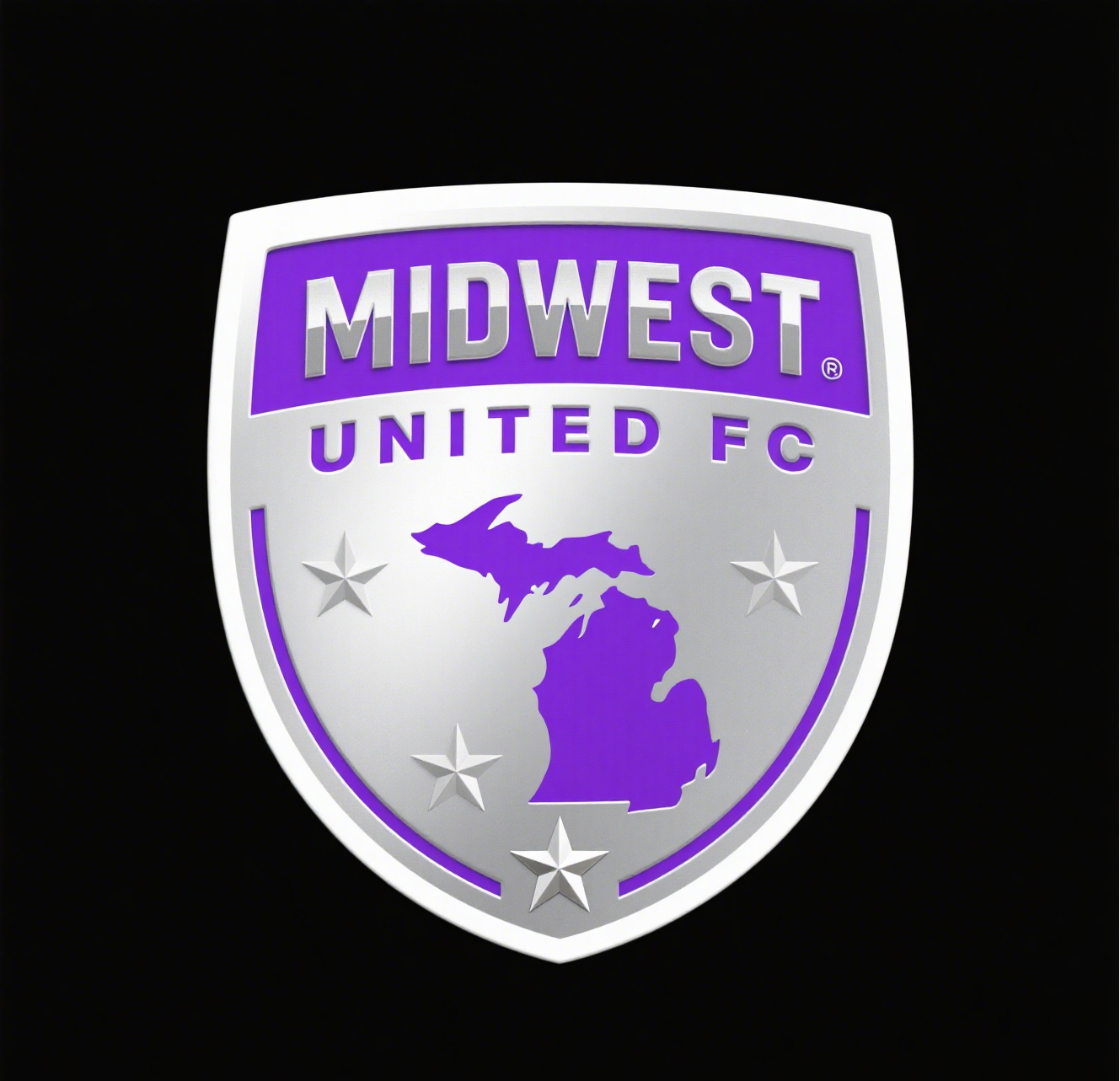 This is the logo of Midwest United FC, featuring a shield-shaped design with “MIDWEST UNITED FC” in bold red letters