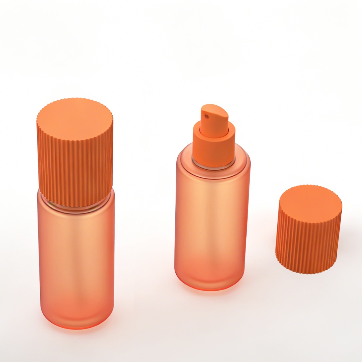 Frosted straight cylinder cosmetic spray bottle, matching vertical ribbed protective screw cap, interchangeable mist pump travel skincare container