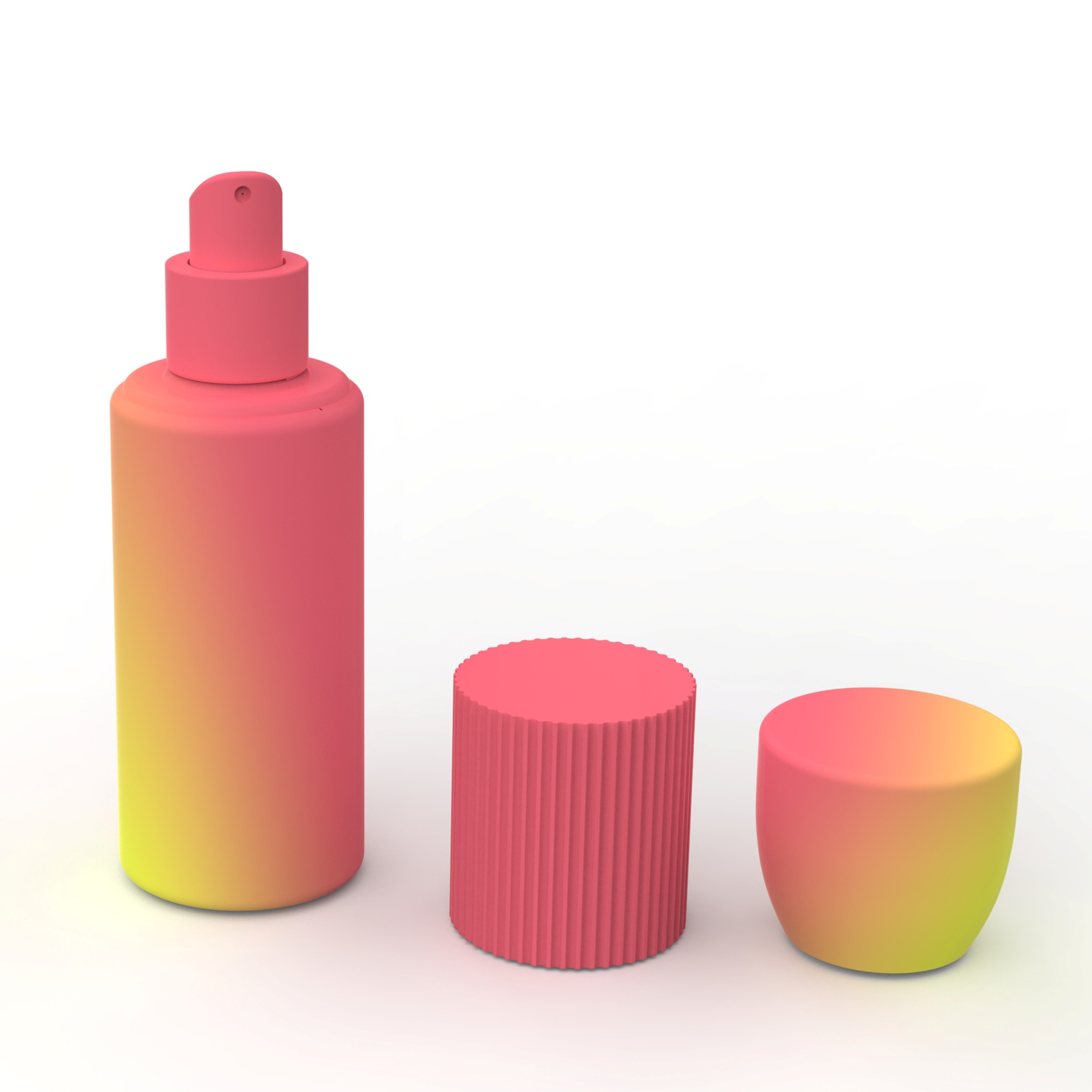 Tall cylindrical cosmetic spray bottle with detachable bulgy dome cap, spare vertical ribbed replacement lid display