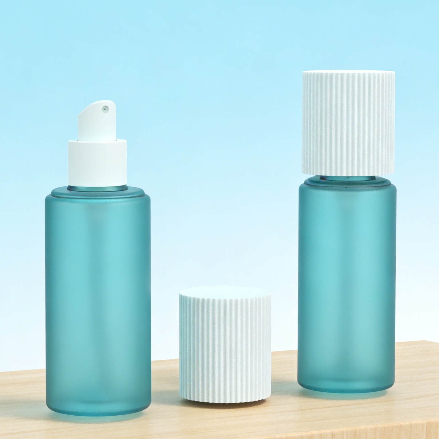 Frosted straight cylinder cosmetic spray bottle, matching vertical ribbed protective screw cap, interchangeable mist pump travel skincare container