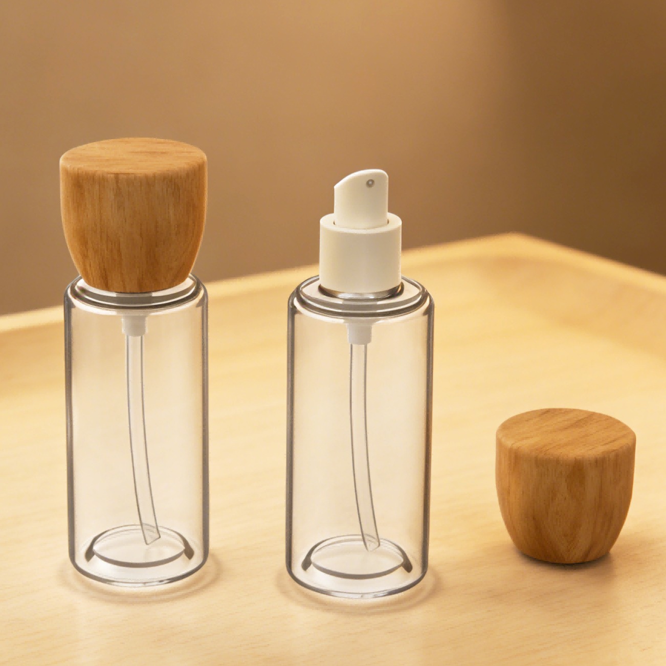 Straight cylinder empty refillable spray bottle with detachable natural dome wooden cap, skincare travel mist container