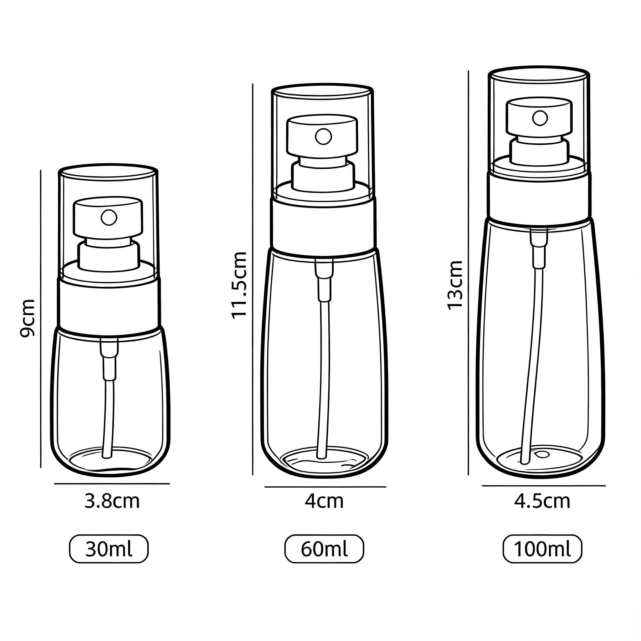 Technical drawing of three fine mist spray bottles with dimensions: 30ml, 60ml, and 100ml sizes