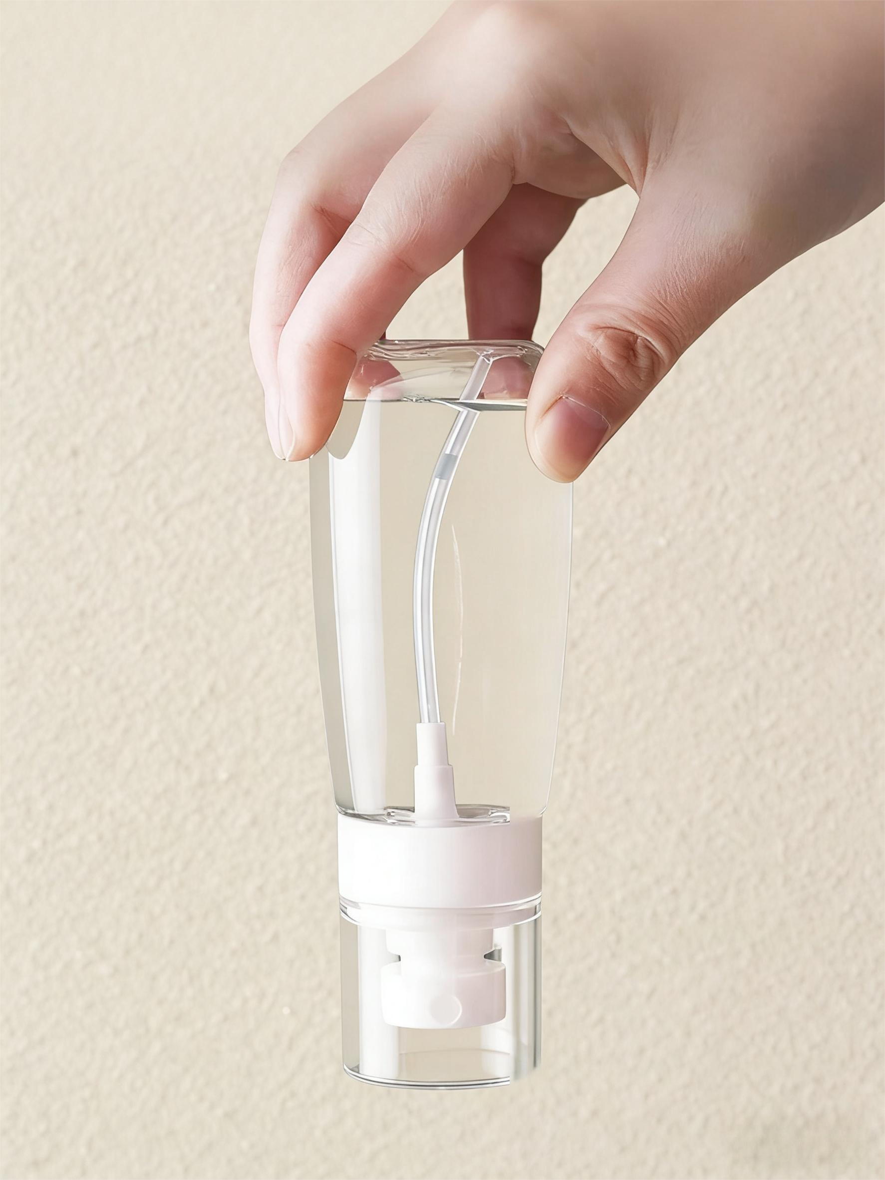 Hand holding a clear spray bottle upside down, revealing the internal dip tube and pump mechanism
