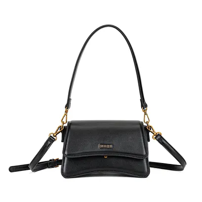 Black handbag with long strap