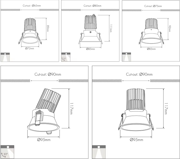 Dimension of 12w anti-glare spotlight
