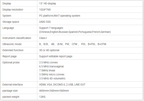 parameters of High Quality Color Doppler Portable Ultrasound Machine