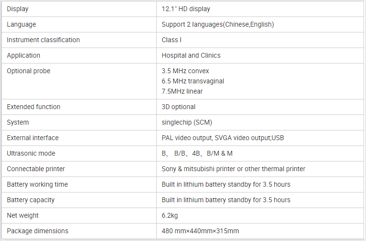 Parameters of 200 mah battery Portable Notebook B/W Ultrasound Machine Scanner