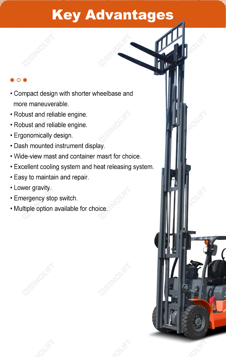 SINOLIFT's versatile C Series forklift: dual-fuel engine, wide-view mast options, and operator-focused cabin design.
