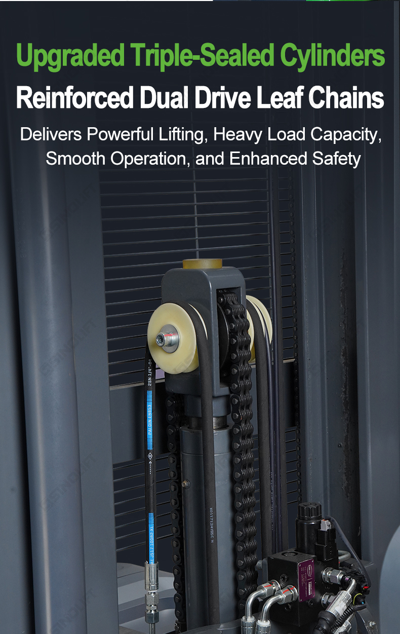 Pedestrian-operated reach stacker lifting goods to maximum height with stabilized base legs.
