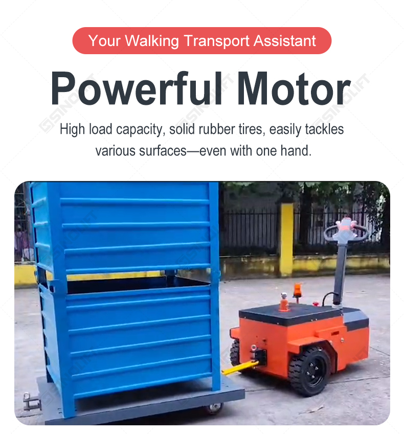 Worker operating the ML1000BP electric tow tractor in a busy logistics center