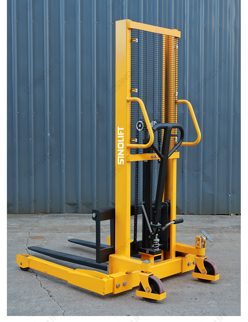 Durable SFH22AG manual pallet stacker with ergonomic handle and foot brake positioned next to a euro pallet