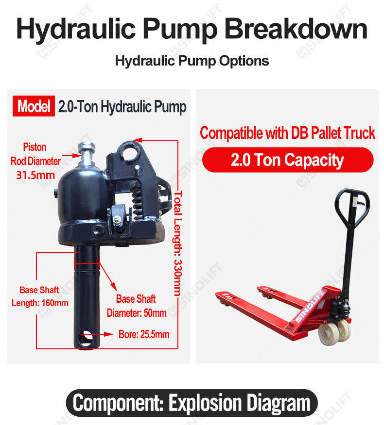 Heavy-duty welded hydraulic pump replacement for DB hand pallet trucks