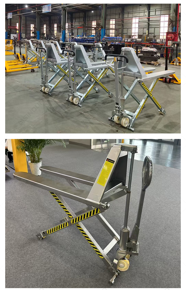 Ergonomic High Lift Pallet Truck in Stainless Steel – Reduces operator strain with one-handed lifting and adjustable height.
