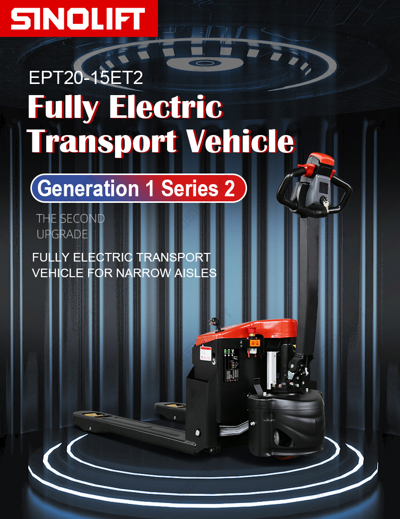 Fully electric pallet truck EPT20-15ET2 transporting goods on factory floor