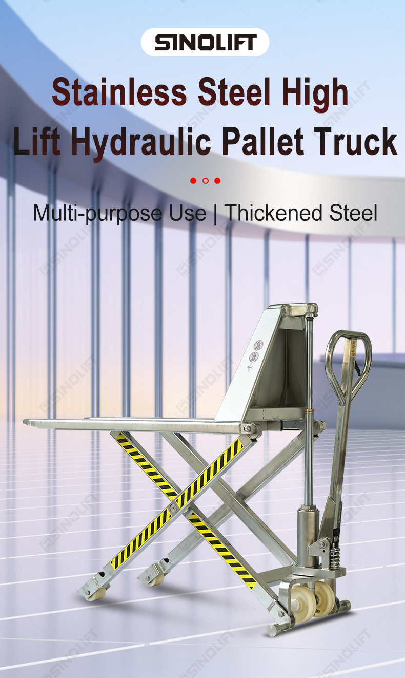 High Lift Stainless Steel Pallet Jack with Hydraulic System – Perfect for lifting and transporting pallets in cold storage and industrial plants.