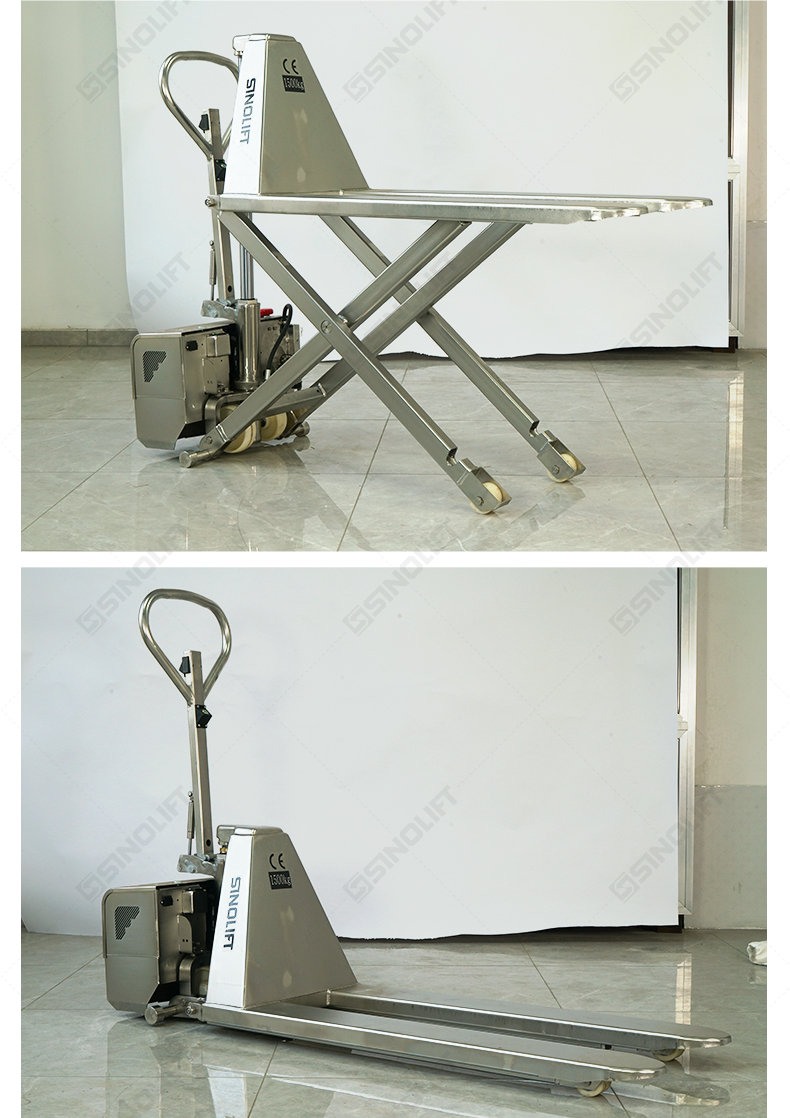 SINOLIFT EHLT10S-II stainless steel high lift hydraulic pallet truck with 800mm max lift for food and medical industries