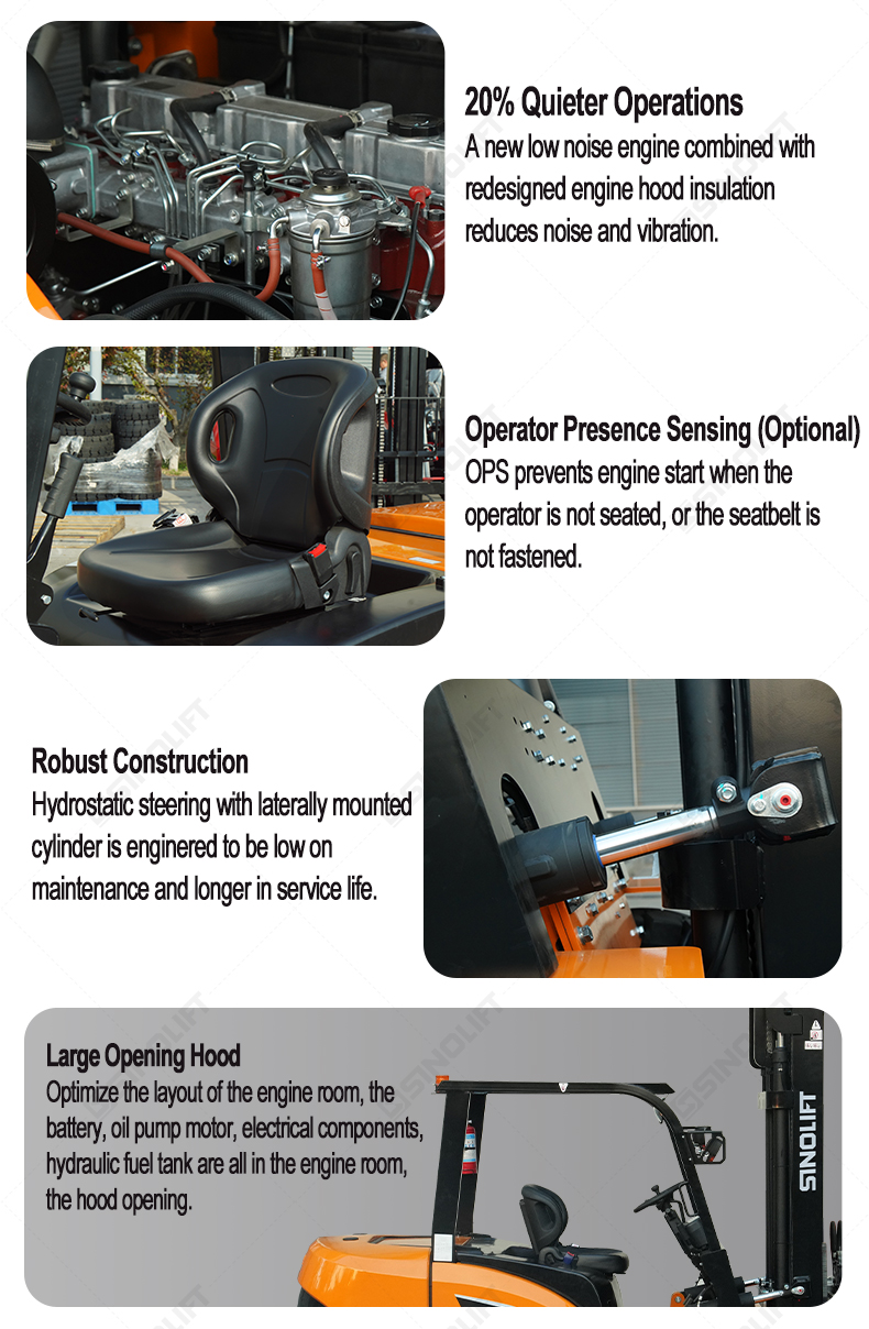 Durable counterbalance forklift with easy-maintenance engine compartment