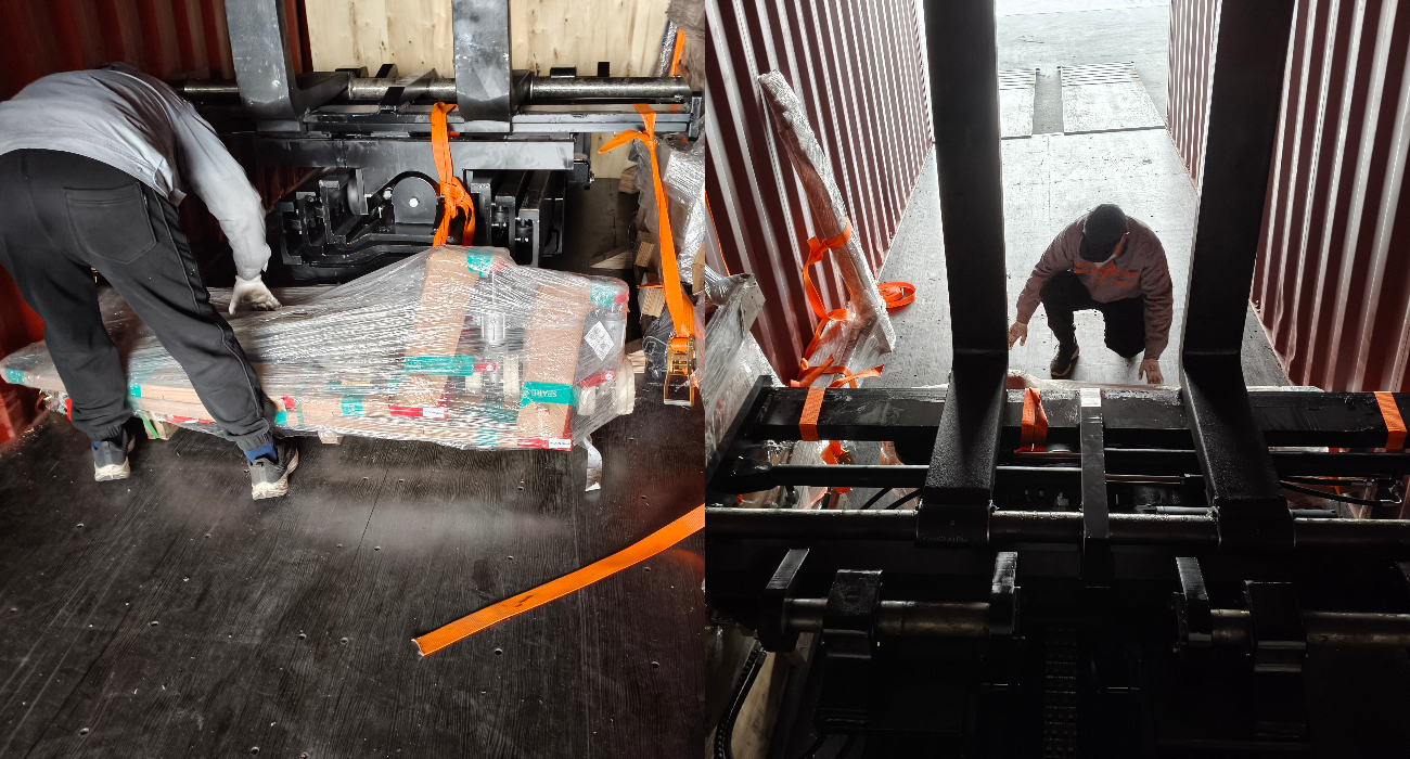 Wide-body Sinolift CPCD80 8-ton counterbalance forklift undergoing hydraulic pressure testing for UAE shipment - industrial durability and safety check.