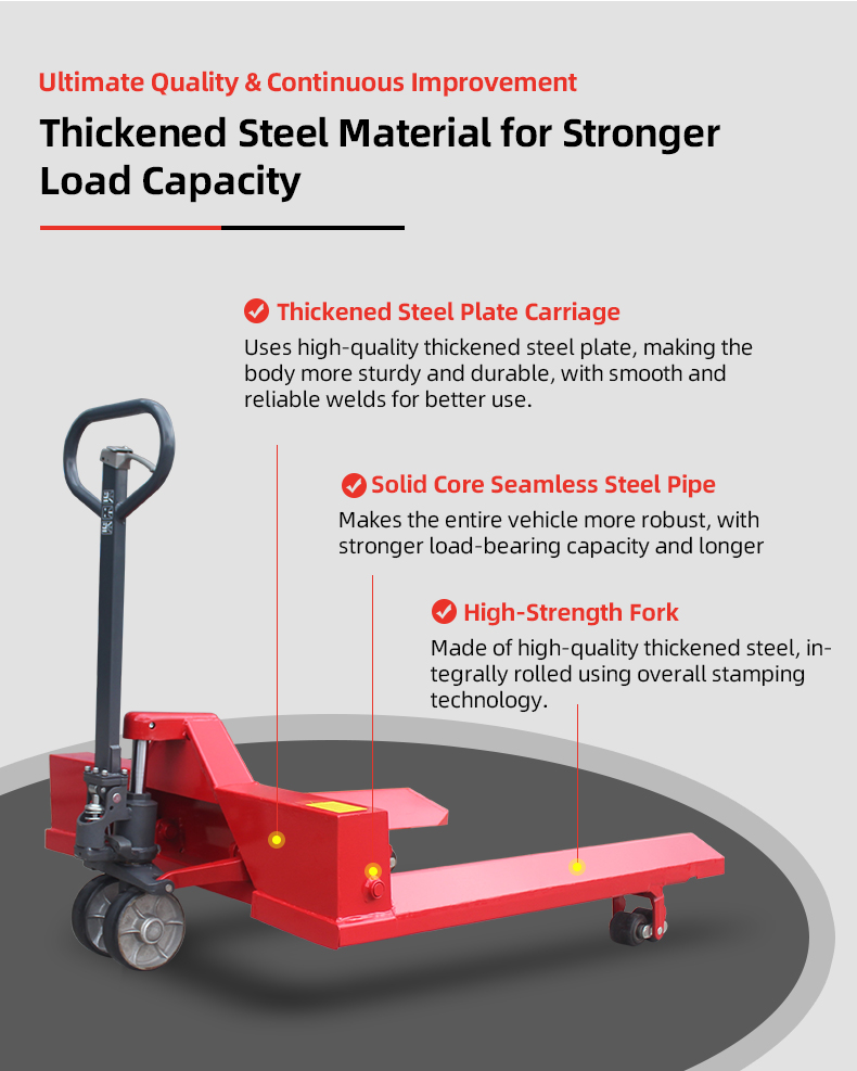 Heavy-duty hydraulic pallet jack for reels and rolls – customizable dimensions for paper, printing, and textile logistics.